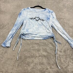 Zemeta Y2K Ruched Crop Top Womens M Blue Tie Dye Heart Tattoo Graphic Festival